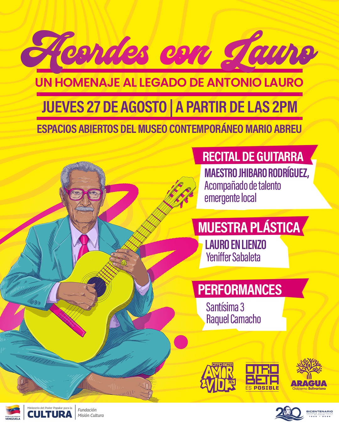 afiche de evento Acordes con Lauro, un homenaje a Antonio Lauro a que muestra información sobre cuando y donde va a realizarse
