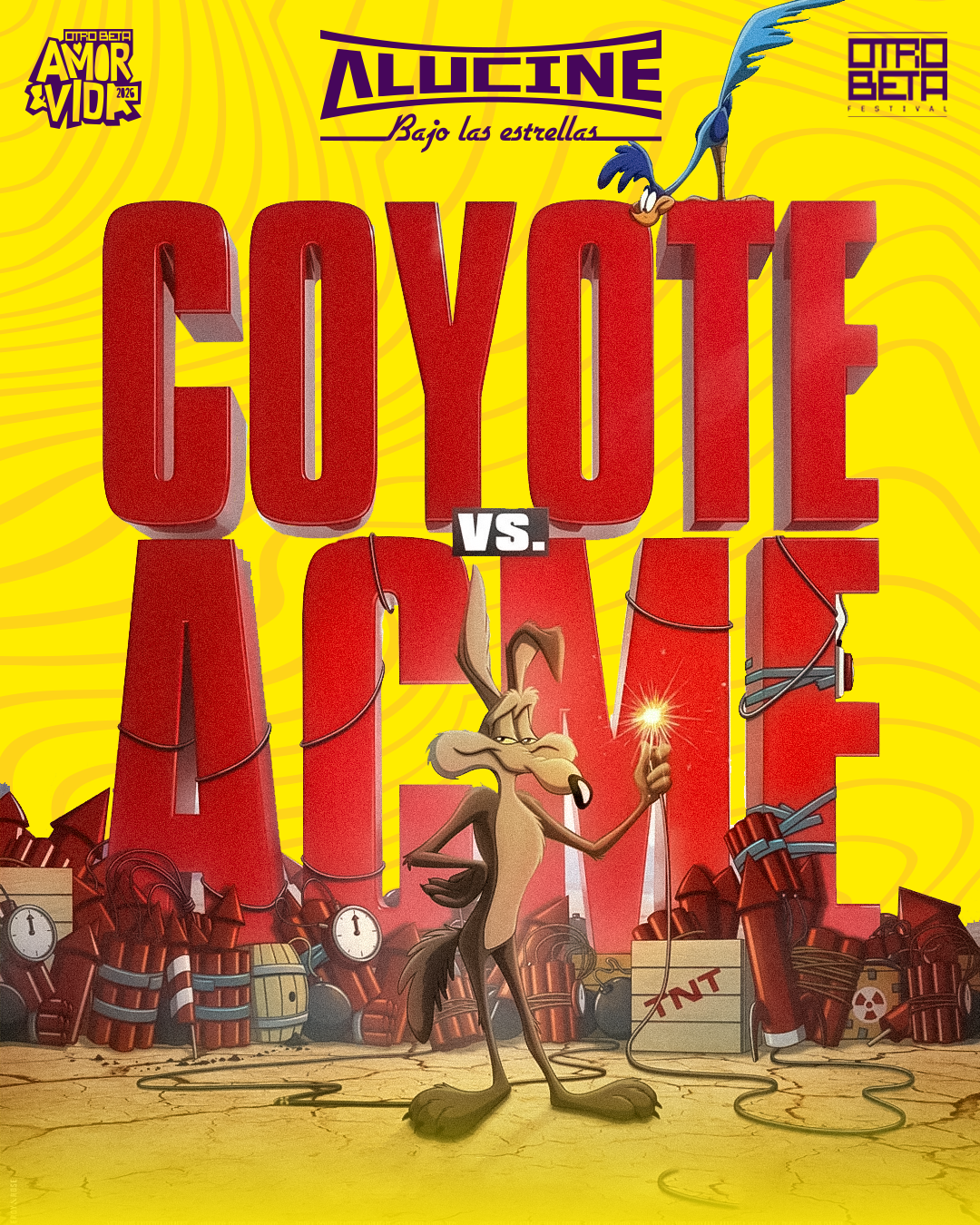 Poster de l apelicula con el titulo Coyete vs Acme donde aparecen los persojanes de caricatura, el coyote y el correcaminos