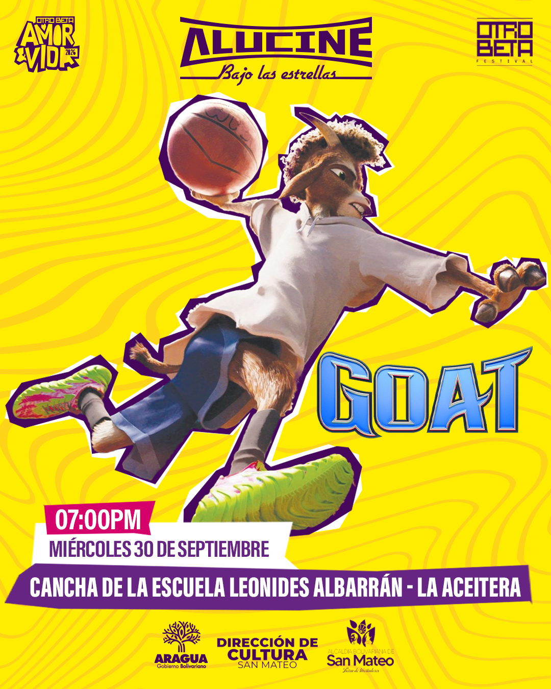 poster ilustrado de la pelicula GOAT donde aparece la cabra protagonista con con un baln en pose de encestar al estilo de Michael Jordan