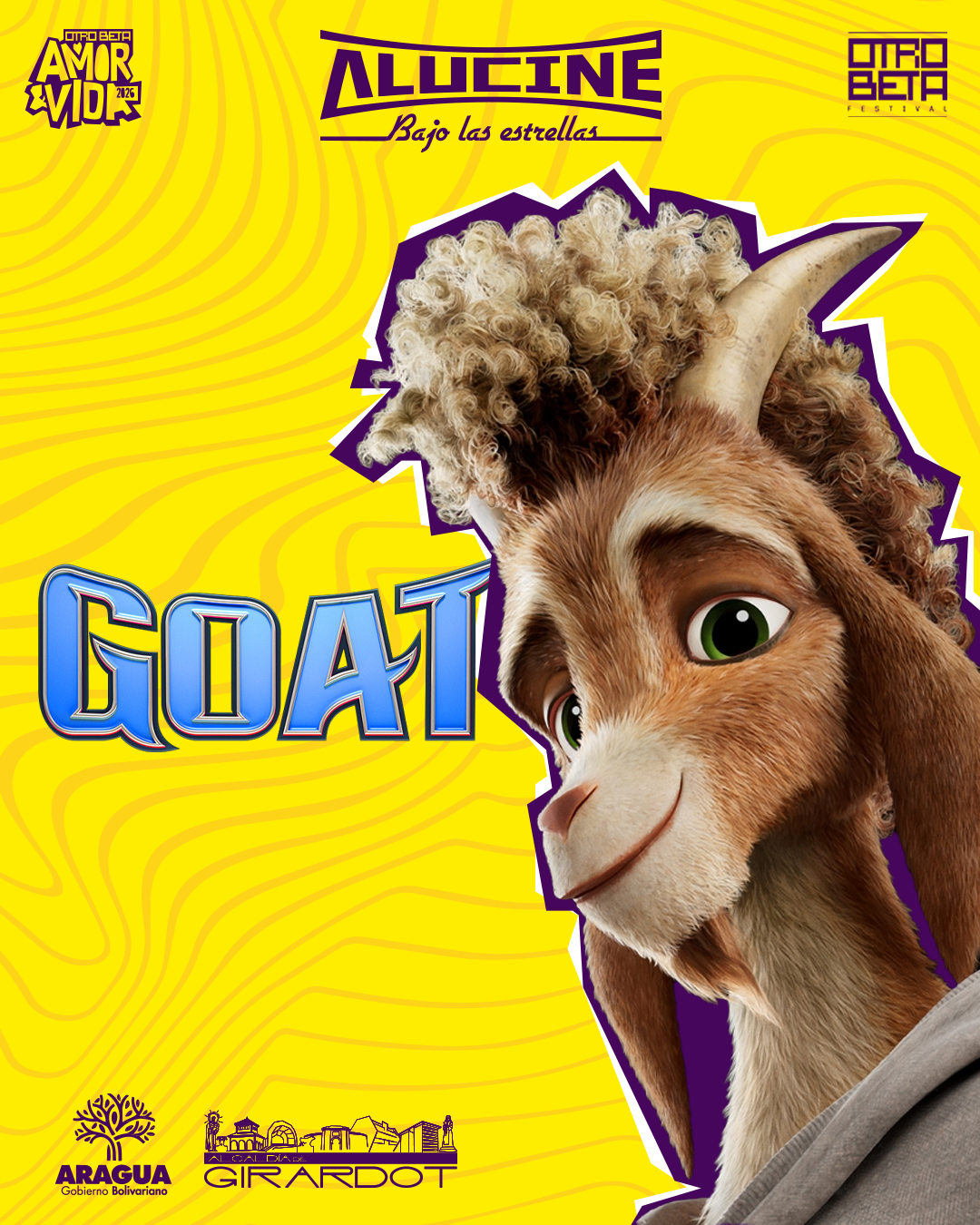 poster ilustrado de la pelicula GOAT donde aparece el protagonista en primer plano. una cabra con cara feliz