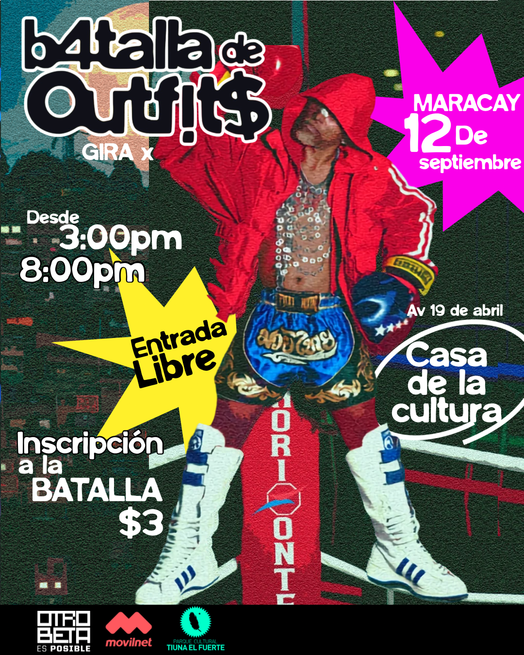 poster promocional del evento batalla de outfits con un modelo vistiendo una prenda de ropa que destaca por la creatividad y vanguardismo en la moda