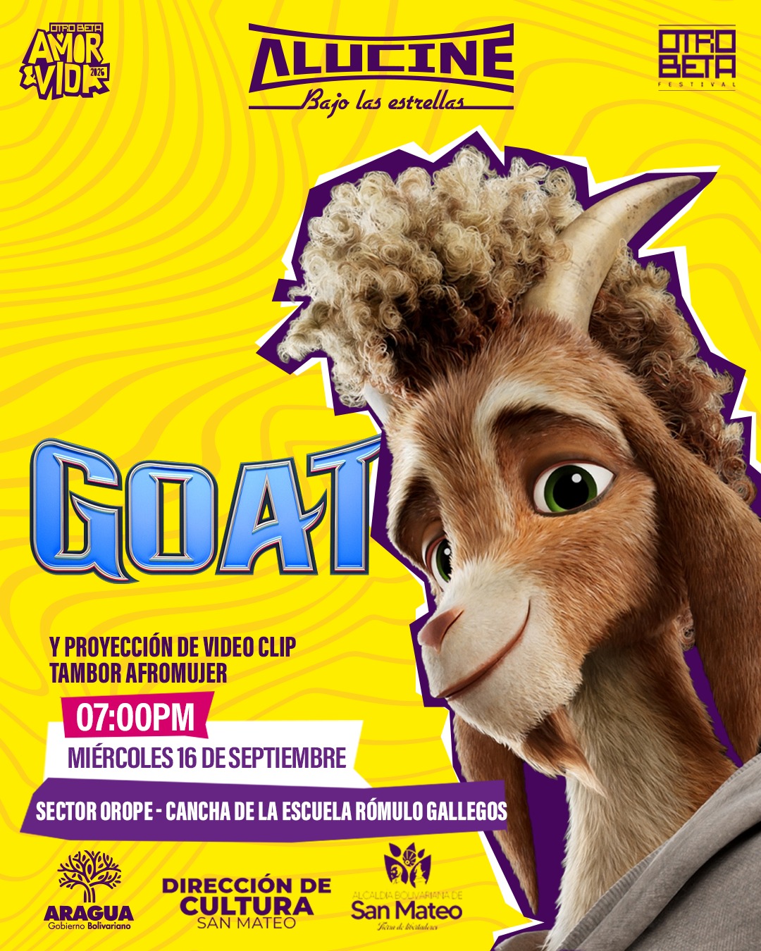 poster ilustrado de la pelicula GOAT donde aparece el protagonista en primer plano. una cabra con cara feliz
